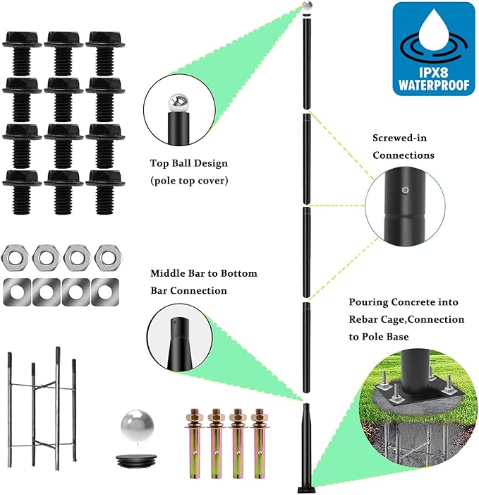 Street Light Pole 16 Ft Tall - Outdoor Adjustable Heavy Duty Metal Street Lamp Post for Outside Solar Street Lights with Mounting Rebar Cage Base for BackyardParking LotWalkway
