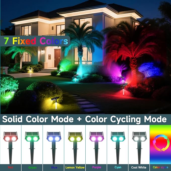 RGB Solar Spot Lights : 2 IN 1 Solar Lights Outdoor with 8 Lighting Modes &amp PC Light Guide Column for Tree Garden Yard Pathway | RGB Color Changing Landscape Lights | IP65 Waterproof | 4 Pack
