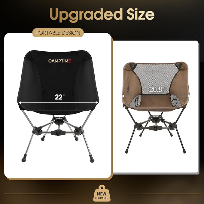 Portable Camping Chair Lightweight Compact Backpacking Chair with Side Pocket Wide Seat Folding Chair for Camping Hiking Beach - Supports 330Lbs Black