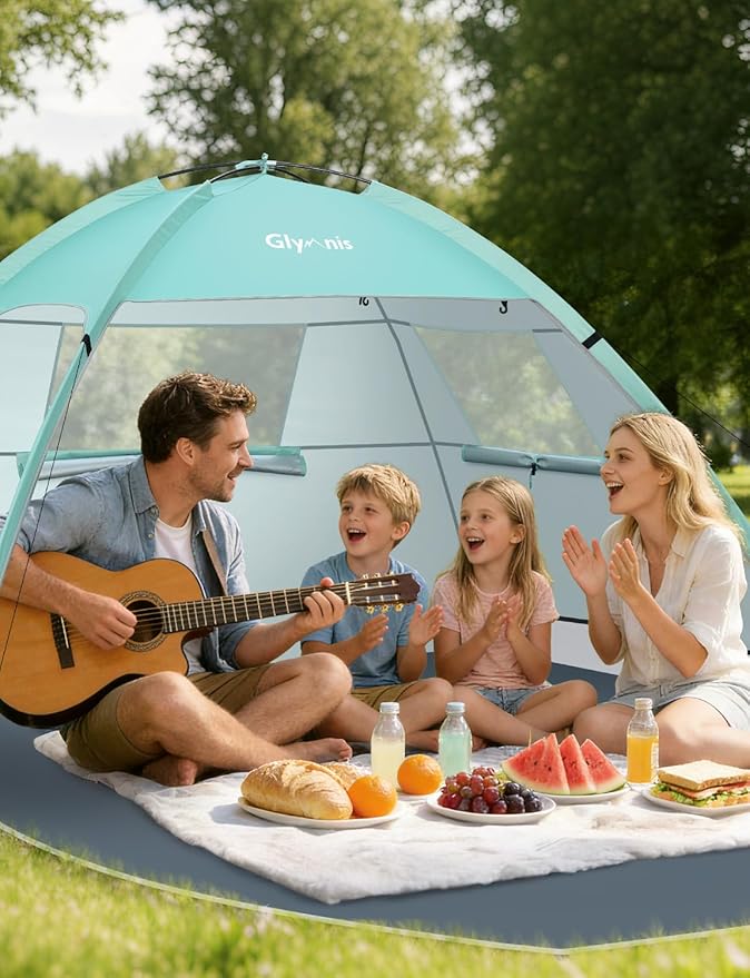 Glymnis Beach Tent Sun Shelter for 4 Person with UPF 50+ UV Protection Lightweight &amp Easy Setup Beach Shade Canopy with Vent Windows &amp Zippered Door - Green