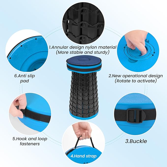 2 Pack Upgraded Folding Stool 19.7 Collapsible Stool Height Max Weight 1000lbs Portable Telescoping Seat with Cushion and Storage BagRetractable Folding Chair for Camping Hiking Outdoor BBQ-Blue