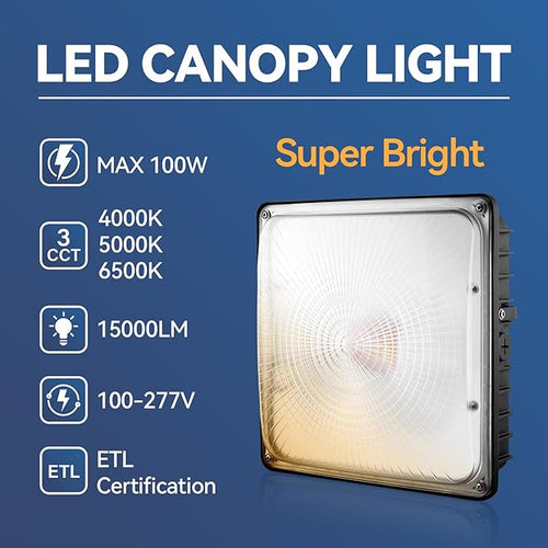 100W LED Canopy Light 4Pack Selectable Wattage 40/60/80/100W 3CCT 4000/5000/6500K Commerical LED Canopy Lights Outdoor Gas Station Square led Light for Garage Carport Dim 100-277VAC ETL Listed