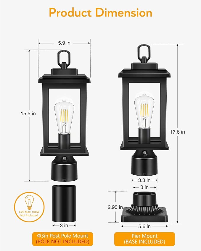 VIANIS Post Lights Outdoor 2 Pack Outdoor Post Lights Dusk to Dawn Black Pole Lights Outdoor with Tempered Glass Post Lantern for Garden Driveway Entryway Anti-Rust (Hardwired Non-Solar)
