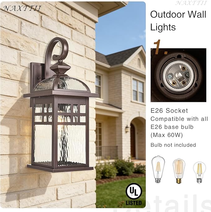 Porch Lights Outdoor Waterproof Exterior Lighting Fixture 15 Inch Height Aluminum Outdoor Wall Lights with Water Ripple Glass for Garage Patio and Door Way