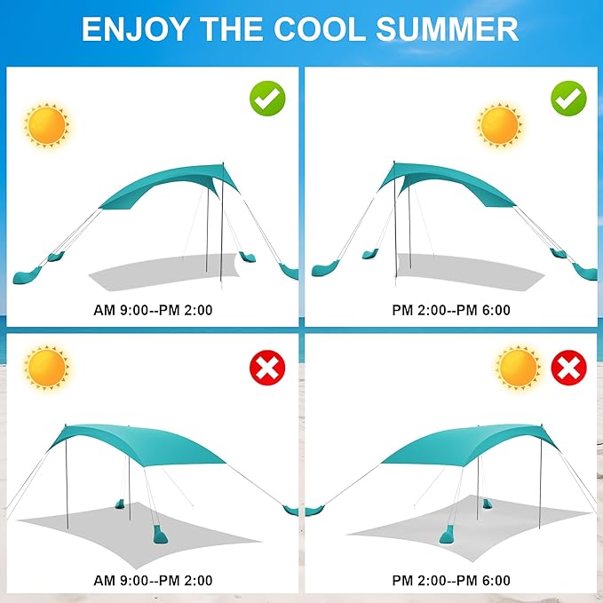 Beach Tent Sun Shelter UPF50+ with Sandbags Sand Shovel &amp Windproof Poles - Portable Pop Up Canopy for Beach Camping Picnics Backyard &amp Fishing (Cyan6.9x6.5FT)