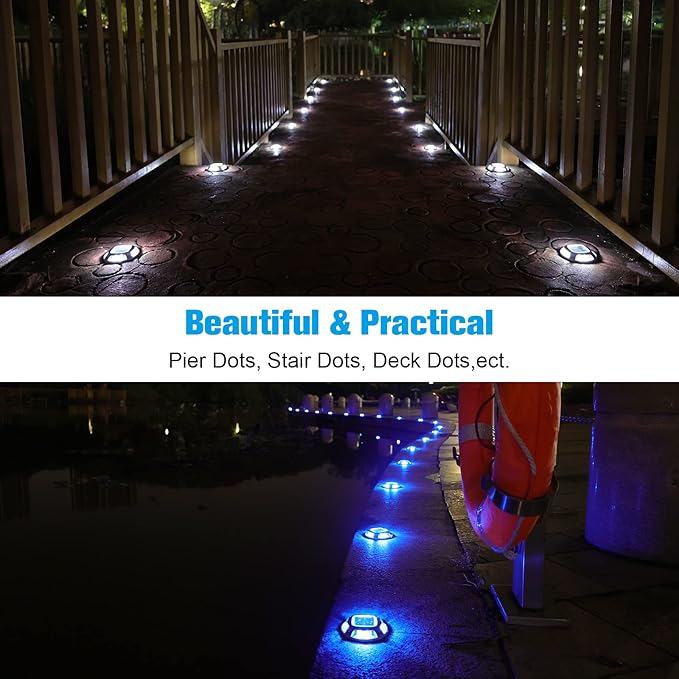 VOLISUN Solar Driveway Lights Dock Marine Lights 4 Pack2 Colors in 1Outdoor LED Deck LightSolar Powered Waterproof Warning Step Light for Driveway Sidewalk Pathway (Blue/White)Saltwater Resistant
