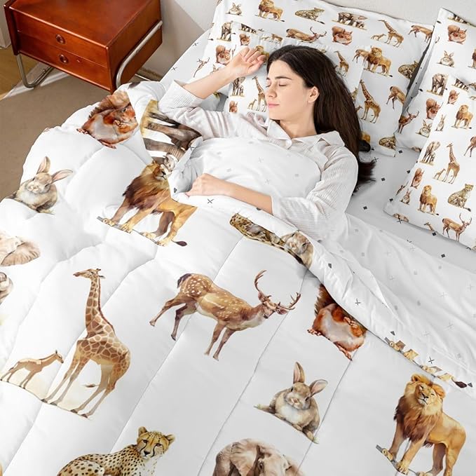 jejeloiu Zoo Animal 7 Piece Bedding Set for Girls Boys Kids Twin Size Cute Giraffe Bed in a Bag Room Decor Cartoon Animal Comforter Set with SheetsPillowcases &amp Cushion Cover White Brown Microfib