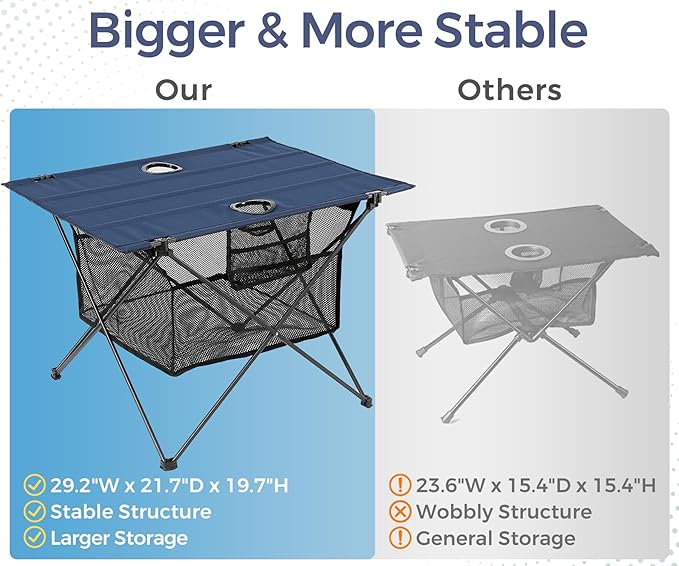 Lightweight Camping Table - Portable Folding Beach Side Table w/2 Cup Holders &amp Large Storage Basket Compact Fold for Tailgate Travel Outdoor Fishing Picnic | 29.2 W x 21.7 D (Blue)