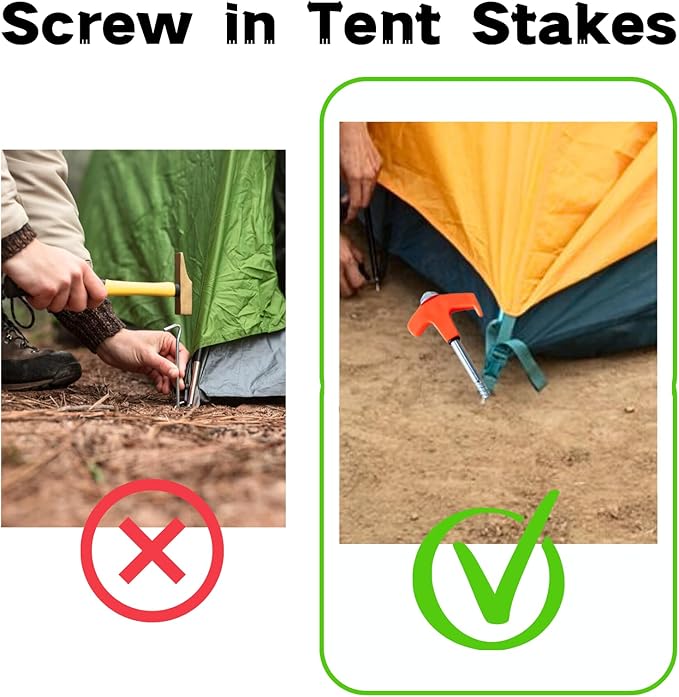 8 Screw in Tent Stakes - Ground Anchors Screw in Screw in Tent Stakes Heavy Duty Tent Pegs Camping Stakes Metal Threaded Tent Spikes Screw Tent Stakes with Hex Sleeves (8Pcs Black)