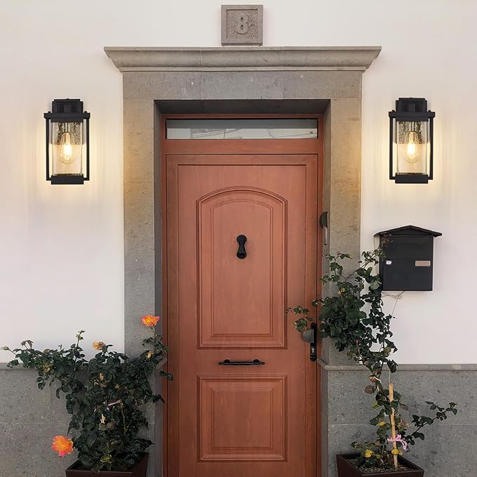 Outdoor Wall Lights Black Exterior Lighting Fixtures Waterproof Outdoor Wall Sconce with Seeded Glass Modern Dusk to Dawn Outdoor Light Fixtures Wall Mount for Porch Garage Patio 2-Pack