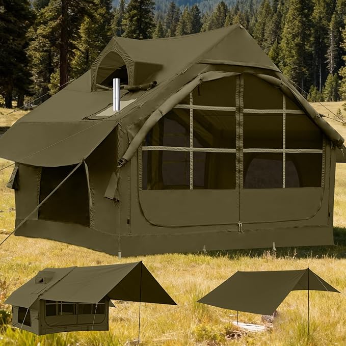 Inflatable Tents with Hand Pump Hot Tent with Stove Jack Easy Blow Up Glamping Tent with Mesh Windows 4-6 Person Instant Family Camping Tents Waterproof for 4 Seasons