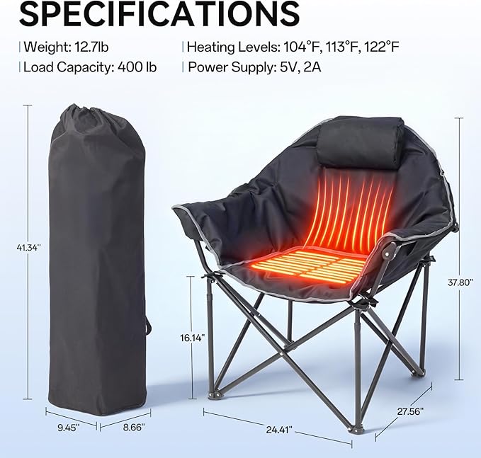 Oversized Heated Camping Chair Folding Heated Outdoor Chair with Back &amp Seat Heating Heavy Duty Support 400 lbs Portable Heated Camp Chair for PatioTailgating Picnic Battery NOT Included Bl