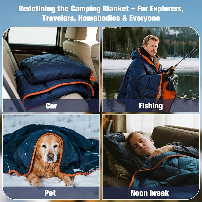 Down Camping Blanket - Lightweight Packable Warm Puffy Travel Quilt with Footbox 650 Fill Power Waterproof Outdoor Blankets for Hiking Travel Down Quilt Navy Blue 1lb 1oz / 77''*52''