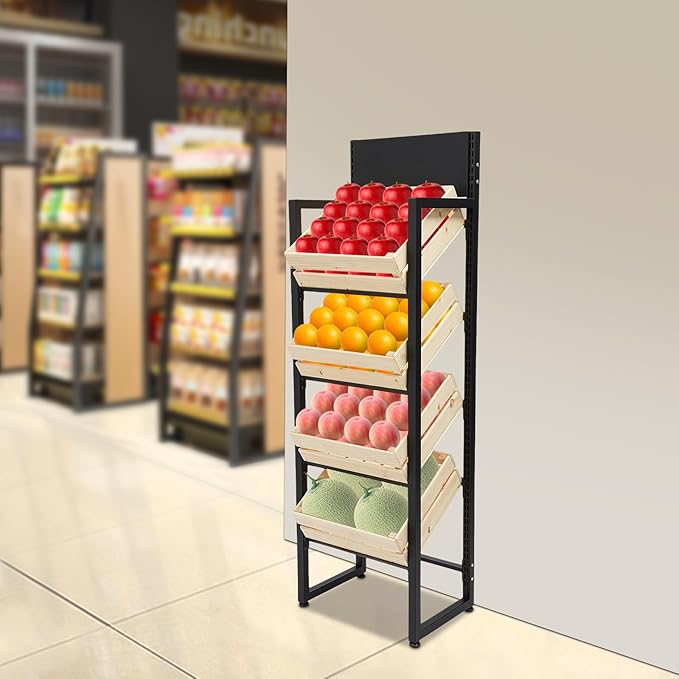 Market Retail Display Rack 4-Tier Fruit Vegetable Storage Rack Solid Wood Baskets &amp Iron Frame 44.09LBS per Tier Load Space-Saving Free Standing Shelf for Supermarket Home Fruit Store