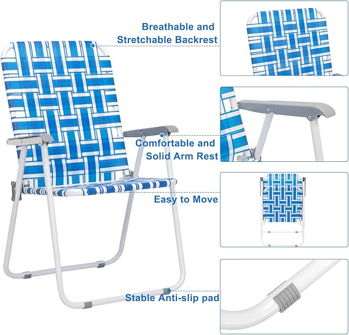 Vasitelan Patio Lawn Chairs Folding Chairs Set of 2 Webbed Folding Chair Outdoor Beach Chair Portable Camping Chair for Yard Garden (Blue 1)