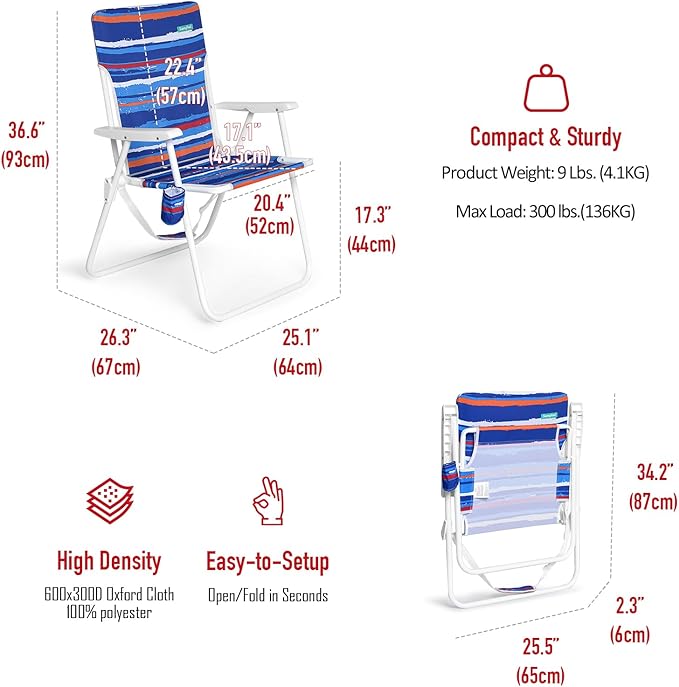SunnyFeel 15 Tall Folding Beach Chair Oversized Portable High Seat Sand Chair for Adults Heavy Duty 300 LBS Foldable Camping Lawn Chairs for Camp/Outdoor/Travel/Picnic/Concert/Sports