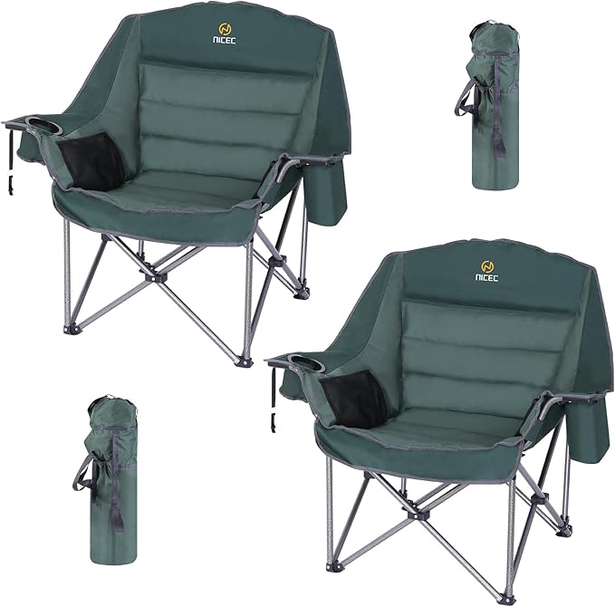 Nice C Camping Chairs Oversized XL Padded Camping Chair Outdoor Chair Lawn Chairs Lounge Chair Wide&ampThick Heavy Duty 400lb Carry Bag Cupholder &amp Cooler (Two Green)