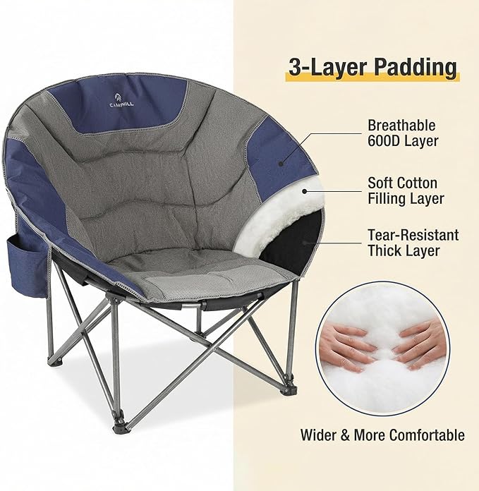 Oversized Camping Moon ChairsFolding Round Padded Sofa Chair for AdultsOutdoor Lawn Chairs w/Side PocketPerfect for IndoorFamily CampingPicnics and GardenBlue&ampGrey