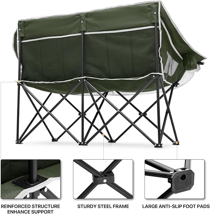 MoNiBloom Collapsible Double Camping Loveseat Chair Outdoor Beach Lawn Picnic Hiking Travel Portable Foldable Collapsible 2-Person Love Seat Camp Chair for Adults (Dark Green and Light Gray)