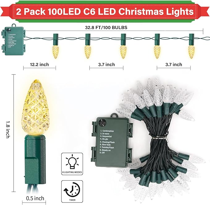 2 Pack 100LED C6 Christmas Lights Battery Operated 16.4FT C6 Christmas Lights Battery Powered with Timer 8 Modes Waterproof for Outdoor Garden Patio Indoor Xmas Tree Bedroom Party Warm White