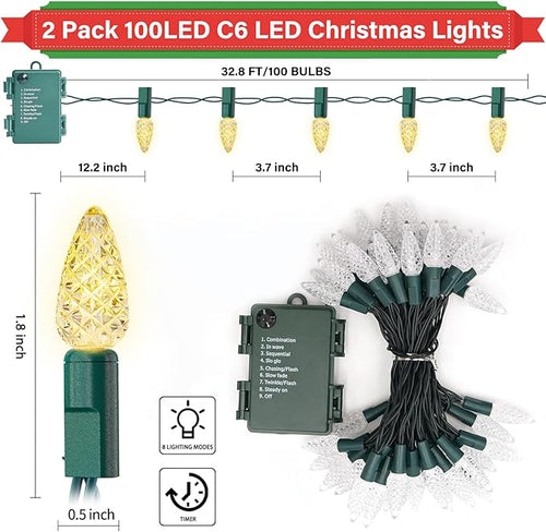 2 Pack 100LED C6 Christmas Lights Battery Operated 16.4FT C6 Christmas Lights Battery Powered with Timer 8 Modes Waterproof for Outdoor Garden Patio Indoor Xmas Tree Bedroom Party Warm White