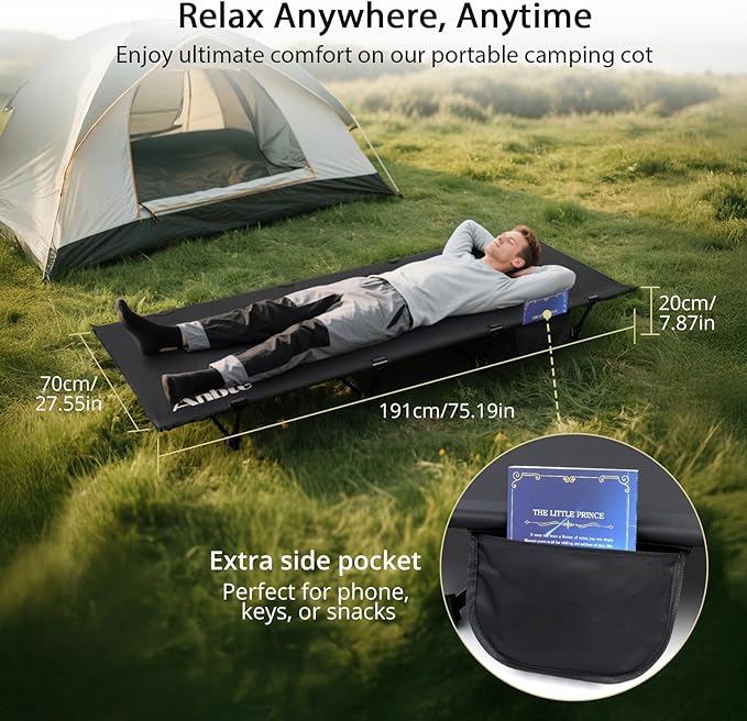 Anbte Ultralight Folding Camping Cot Comfortable Portable Camping Cot Supports 275 lbs with Storage Bag &amp Side Pocket Lightweight Folding Bed for Outdoor Travel Tent Indoor Emergency Bed Black