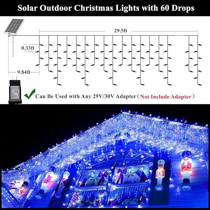 320LED Solar Christmas Lights Outdoor Waterproof Christmas Decorations Curtain Lights 29.5ft 60 Drops8 Modes Solar Powered Rechargeable Fairy Lights for Party HolidayWedding Decorations (Blue)
