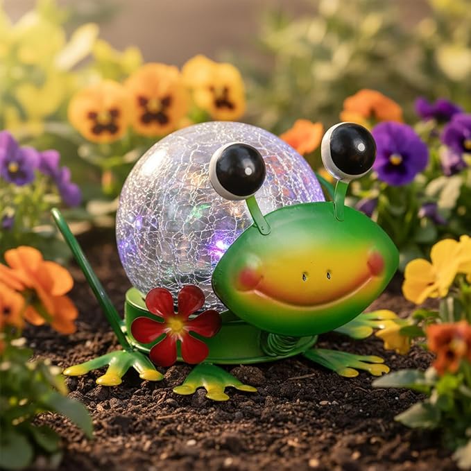 Solar Lights Outdoor Frog Garden Decor with Crackle Glass Globe Lights - Cute Metal Frog Decor for Yard Lawn Patio Porch Pathway Tabletop Housewarming Gifts for Mom Women