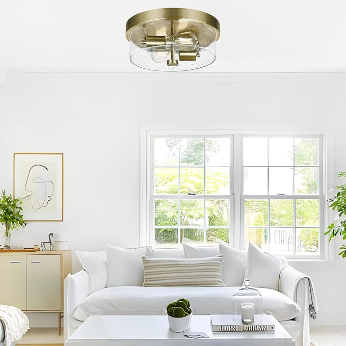 Flush Mount Ceiling Light Fixtures 2-Light Brass Ceiling Mount for Farmhouse with Seeded Glass Lampshade Industrial Hall Flush Mount Light Fixture for Hallway Kitchen Entryway Bedroom and Foyer