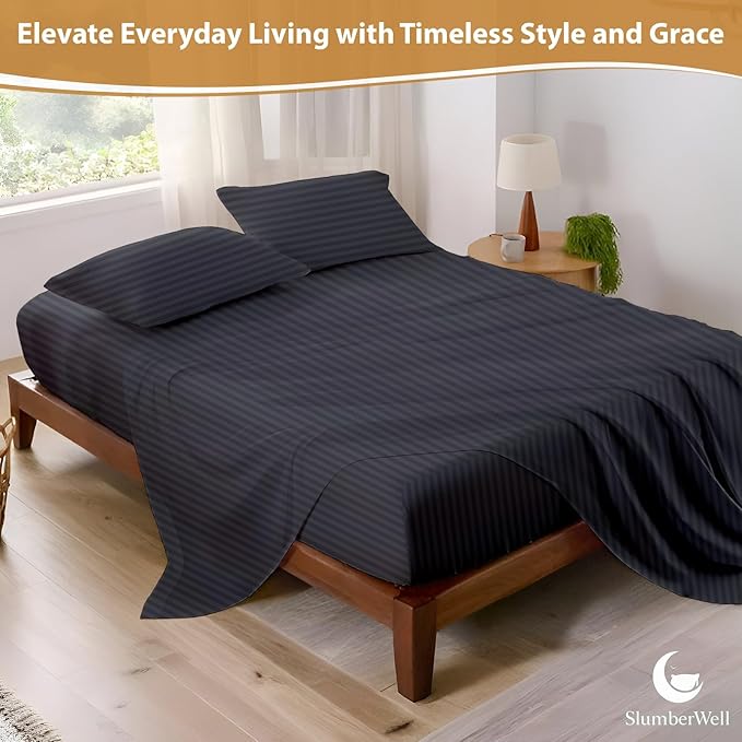 SlumberWell Olympic Queen Sheet Set 4 Piece Luxury Soft Microfiber RV Camper Bedding 8 to 12 Inch Deep Pocket Sheets Fits 66x80 Mattress Dark Grey Stripe