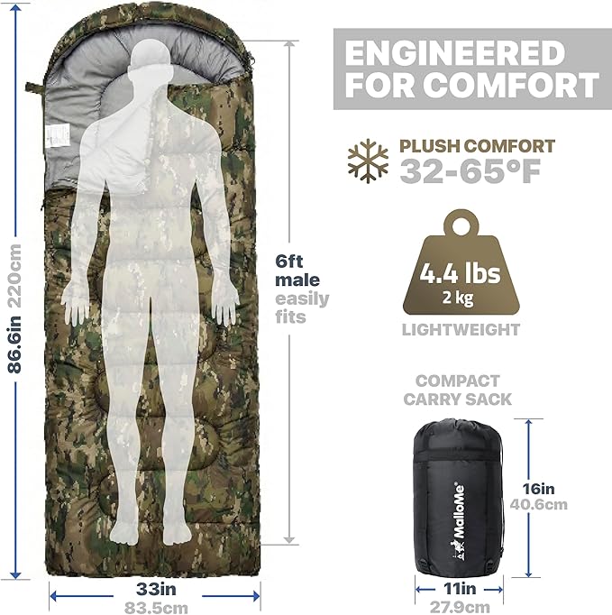 MalloMe Sleeping Bags for Adults Cold Weather &amp Warm - Backpacking Camping Sleeping Bag for Kids 10-12 Girls Boys - Lightweight Compact Camping Essentials Gear Accessories Hiking Sleep Must Have