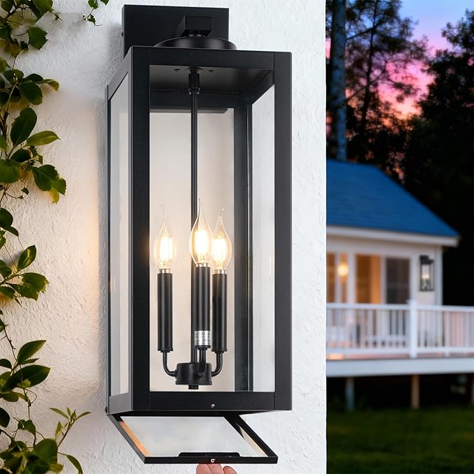 24 Extra Large Fully Enclosed Outdoor Light Fixture 3-Light Black Outdoor Porch Lantern Wall Mounted Waterproof Modern Outside Wall Sconce Coach Lamp for House E12 2 Packs