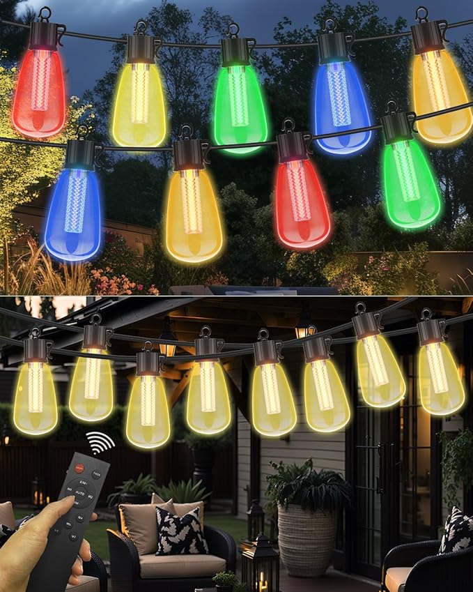 98FT Outdoor String Lights with Remote - Multicolor &amp Warm White 8 Light Modes Timer Waterproof Patio Lights Plug In Dimmable String Lights Shatterproof for Outside Porch Backyard Party