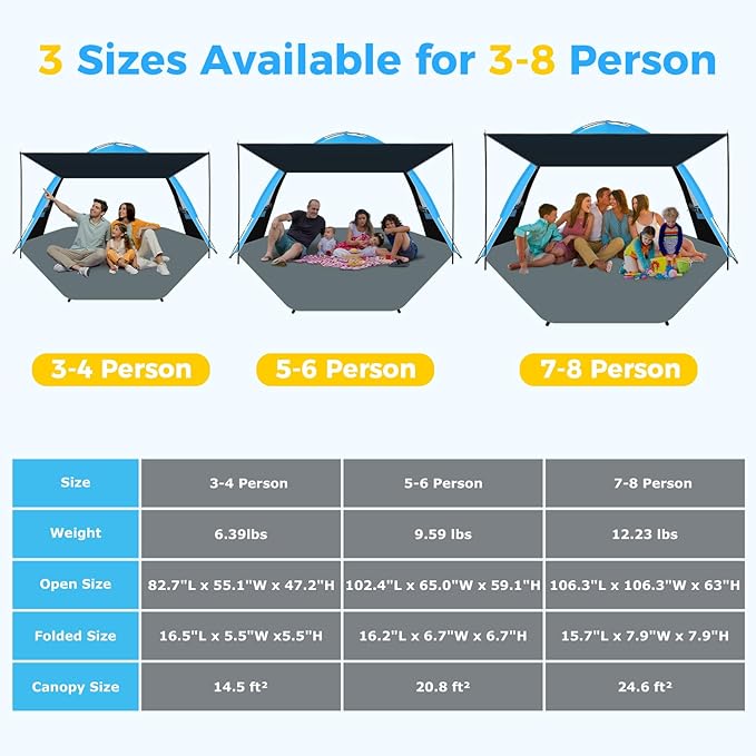 Gorich Beach Tent with Canopy - Easy Setup 3-4/5-6/7-8 Person Portable Sun Shelter UPF 50+ UV Protection Sun Shade Lightweight &amp Compact Beach Cabana for Family Travel