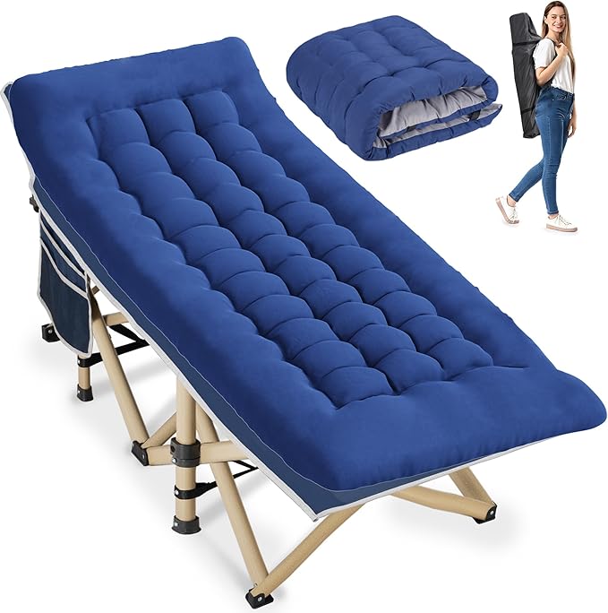 Folding Camping Cot for Sleeping Portable Cots for Adults Heavy Duty Cot Bed 550LBS(Max Load) Extra Wider Cots with Large Pocket for Outdoor Office Beach