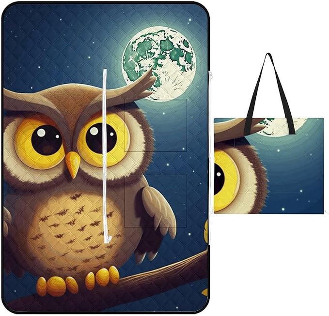 Zipper Owl and Yellow Moon Style Picnic Mat Suitable for Travel Camping Park Or Home Use