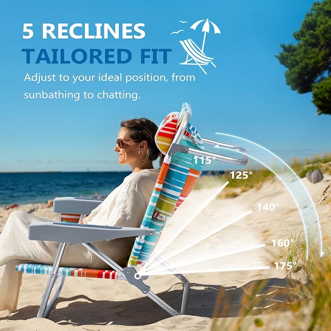 5-Position Aluminum Lay Flat Backpack Beach Chair 2 Pack Compact Portable Low Beach Chairs for Adults Beach Chair with Cooler Pouch Storage Pouch Towel Bar Cup Holder Multicolor Stripe 2 Pack