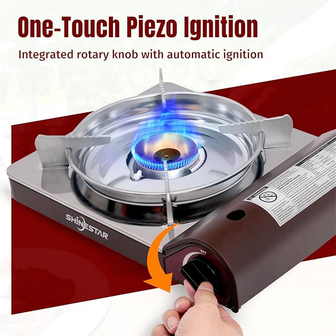 SHINESTAR 14000 BTU Butane Camping Stove Double Wind-Guard Portable Butane Stove for Camping Hiking Emergencies Tailgating Essentials Carrying Case Included Brown