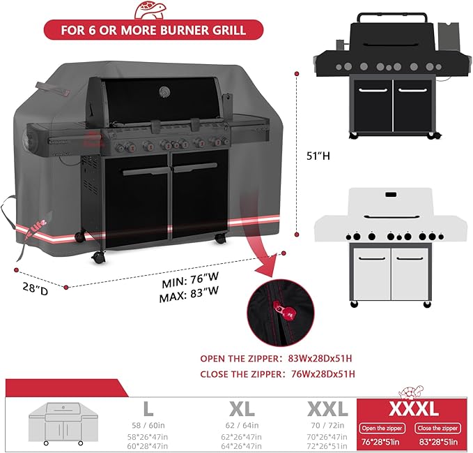Turtle Life BBQ Grill Cover 76-83 Inch Adjustable Heavy Duty Waterproof 6 or More Burner Barbecue Gas Grill Covers for Weber Summit Series Royal Gourmet MG Series Black