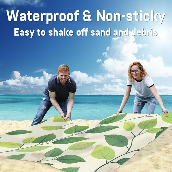 Waterproof Sandproof Beach Blanket 59''×68'' Seamless Patter Leaves Polyester Outdoor Picnic Blanket with 4 Stakes &amp Storage Bag for BeachCampingVacation