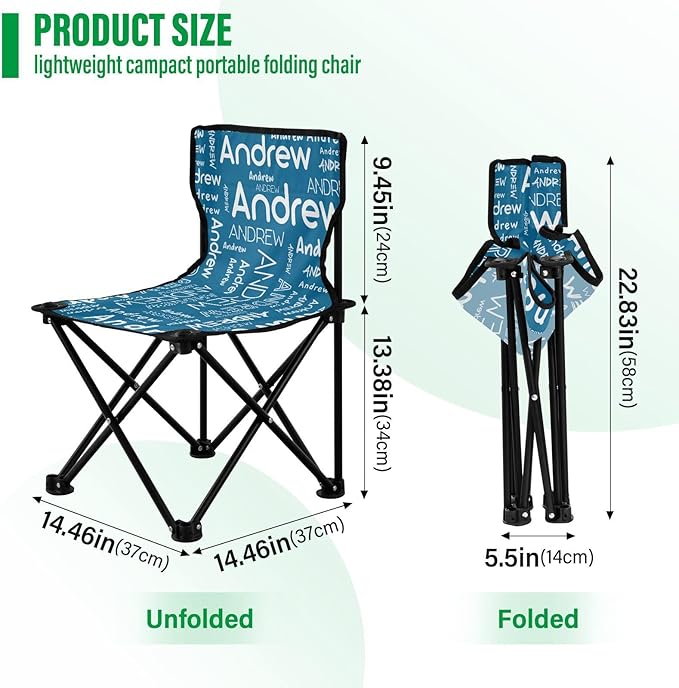 Sinestour Ice Blue Custom Folding Camping Chair for Teen Child Personalized Name 14.6×14.6in Portable Outdoor Chair with Carry Bag for Travel Picnic Barbeques