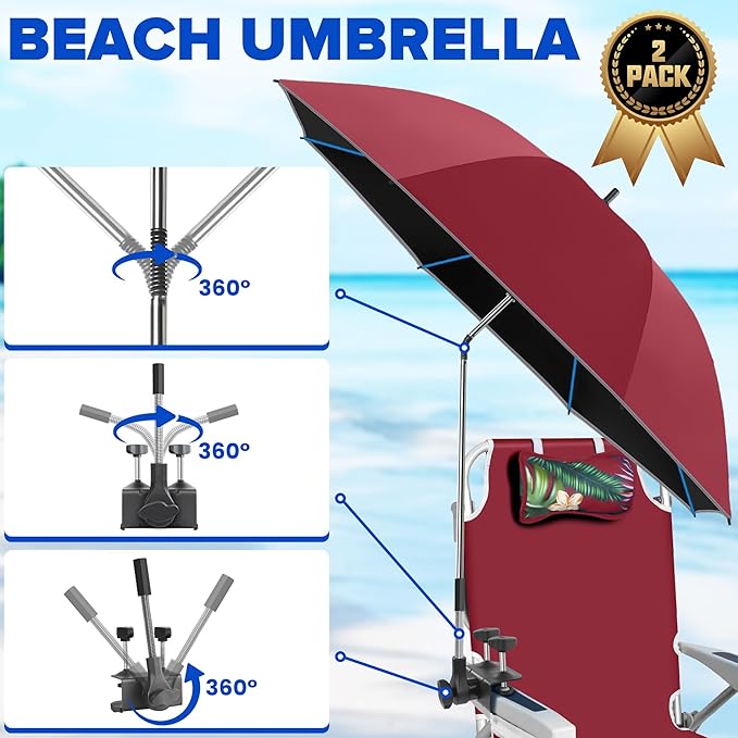 2PACK 48.7inch Umbrella for Beach Chair 360°Adjustable 50+ UV Protection Large Camping Chair Umbrella with Universal Clip for Glof Cart Garden Table Bleacher（ChairTable not include）