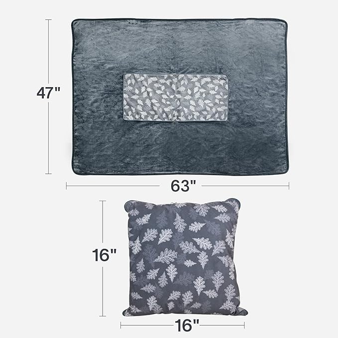 EighteenTek® Blanket 2-in-1 Pillow and Blankets Combo Set Compact Soft Warm Fleece Charcoal 63 Lx47 W