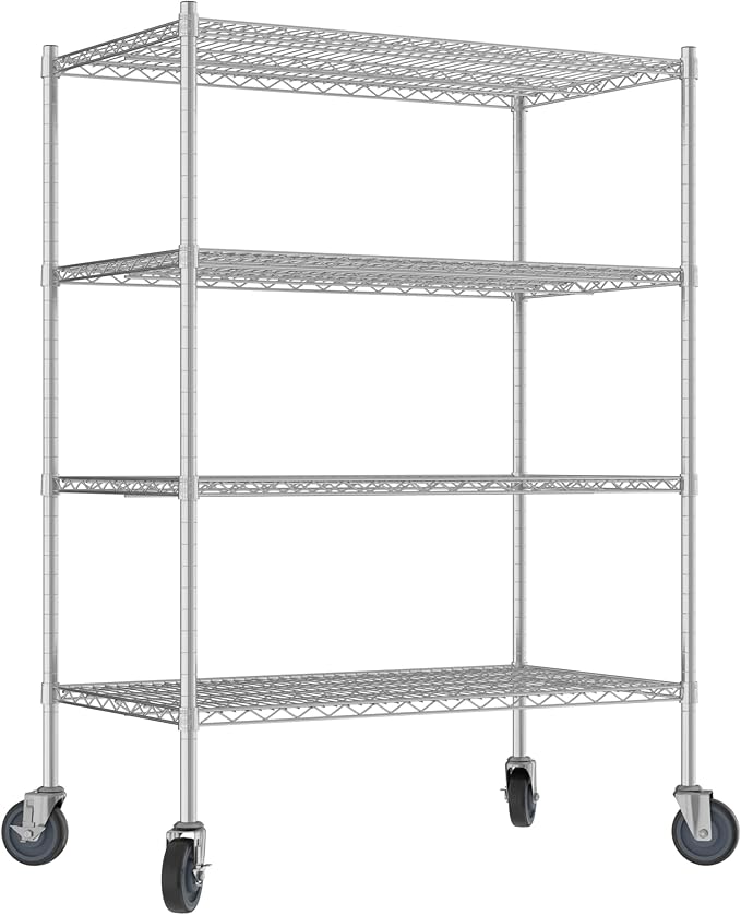 Commercial NSF Listed Chrome Mobile Wire Shelving Kit 24 x 42 x 60 with 4 Shelves Perfect for Warehouse Walk-in Refrigerator Freezer Grocery Store Restaurant Dishroom