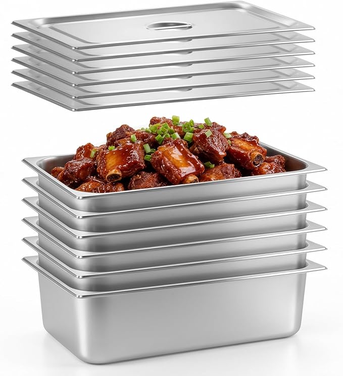 Dyna-Living 6 Pack Hotel Pans Full Size 6 Inch Deep Stainless Steel Steam Table Pan with Lids Anti Jam Stackable Commercial Food Pans for Buffet Hotel Home Restaurant Party Catering Supplies