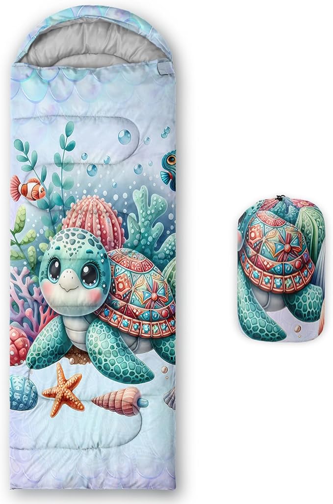 Ocean Themed Sea Turtle Sleeping Bag for Kids Boys GirlsLightweight Warm Cold Weather BackpackingWaterproof Compact Sleeping Bag with Compression Sack for Hiking Camping Outdoor.