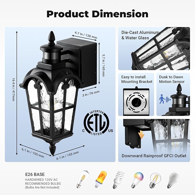 Black Outdoor Patio Lights with GFCI Outlet 2-Pack Upgraded Motion Sensor Outside Lighting with Water Ripple Glass Dawn to Dusk Outdoor Light Fixture for House Garage Garden Waterproof
