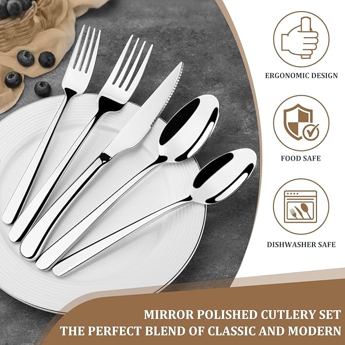 TAN REN Silverware Set for 8 40-Piece Stainless Steel Flatware Sets Heavy Duty Forks and Spoons Silverware Set with Dinner Knives Mirror Polished Cutlery Sets Dishwasher Safe Kitchen Utensils