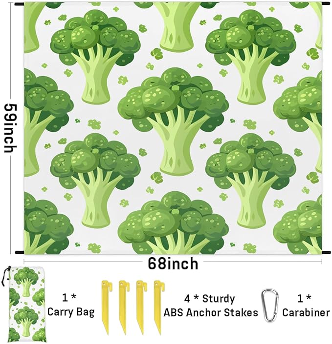 Waterproof Sandproof Beach Blanket 59''×68'' Vegetables Polyester Outdoor Picnic Blanket with 4 Stakes &amp Storage Bag for BeachCampingVacation Broccoli