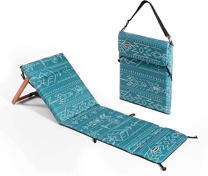 Wacho Outdoor Folding Beach Chair – Ultralight Reclining with Adjustable Wooden Backrest Foam Padding &amp Water-Resistant Recycled Fabric – Portable Lounge Chair for Beach Camping Picnic – Blue G
